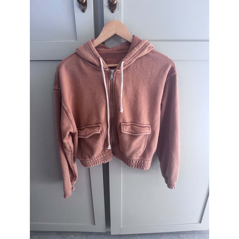 Aerie Women XS Clay Orange Cropped Full Zip Hoodie French Terry Flap Pockets‎